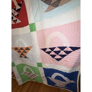 Antique Handmade Hand-Stitched Quilt Queen 89"x95" Flower Basket Pattern Easter